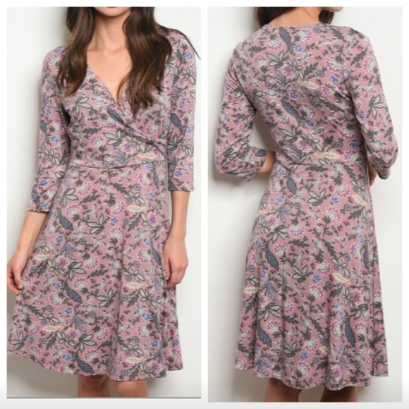 Flower Print Faux Wrap Dress - Picture 2 of 7